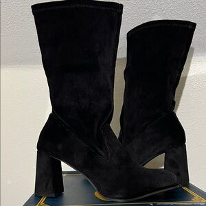 Corduroy Elegant Black Heeled Boots for Women